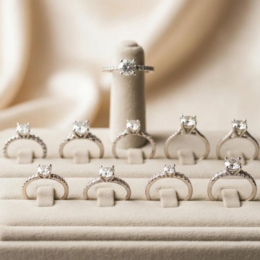 A collection of engagement rings in Melbourne highlighting various styles and diamond cuts