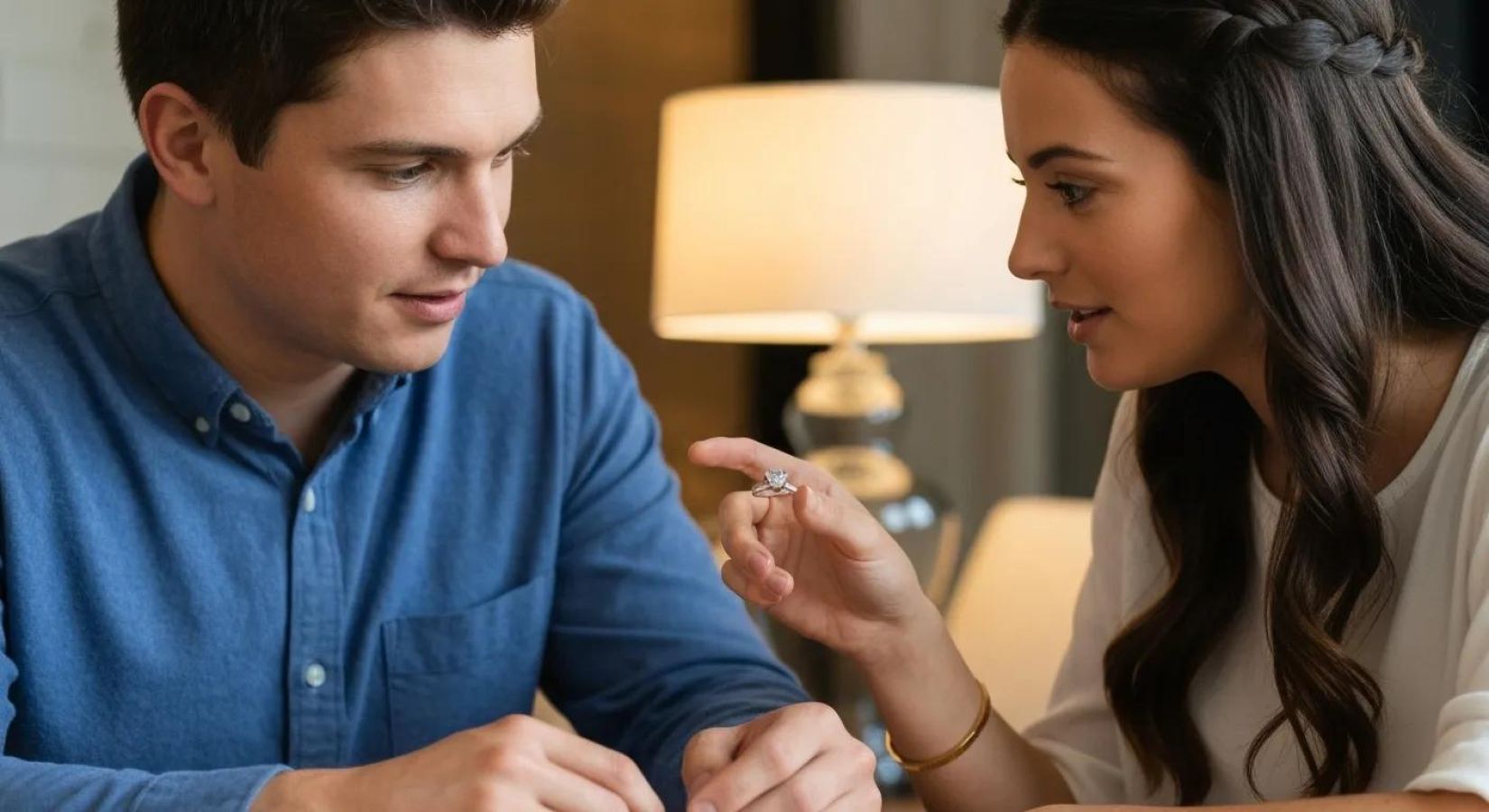Couple discussing engagement ring budgeting strategies with a ring on the table