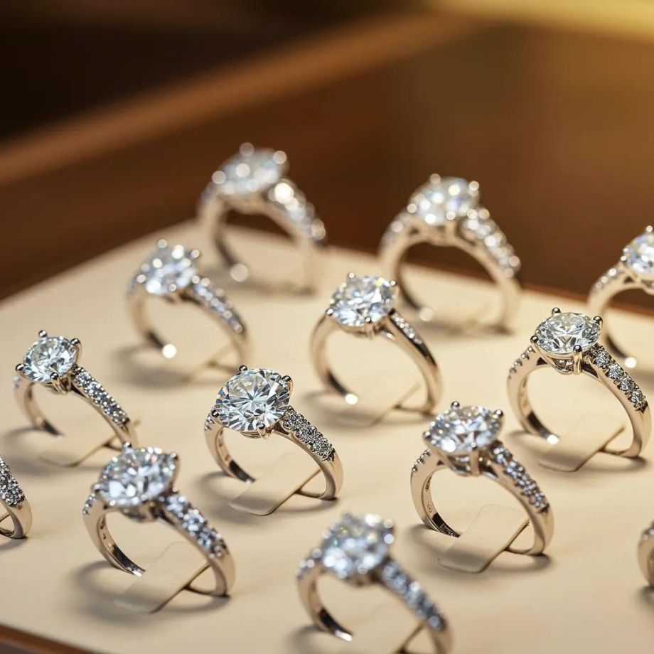 A curated selection of diamond rings showcasing diverse styles and cuts, highlighting their elegance and brilliance