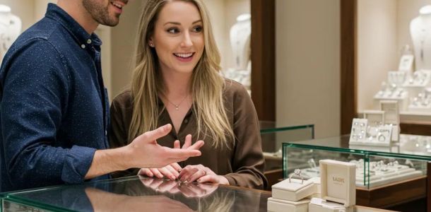 A couple thoughtfully examining engagement ring options in a jewellery store, highlighting the personal journey and excitement of selection