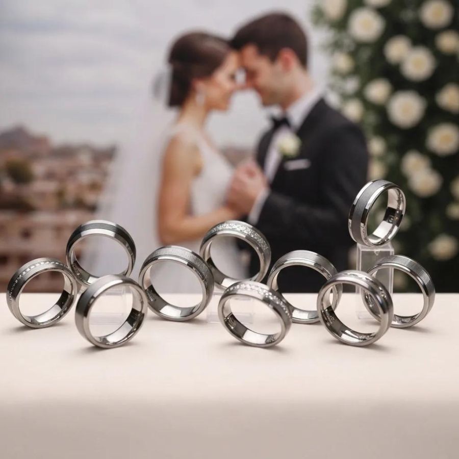 A collection of affordable wedding bands made from durable materials like tungsten carbide and titanium, emphasizing their stylish designs