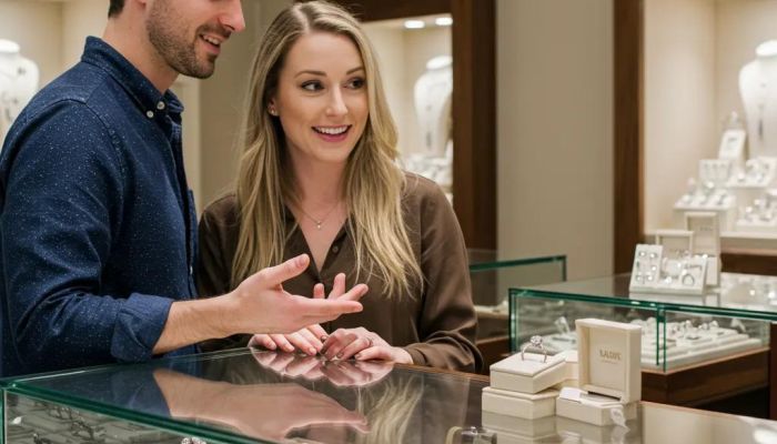 A couple thoughtfully examining engagement ring options in a jewellery store, highlighting the personal journey and excitement of selection