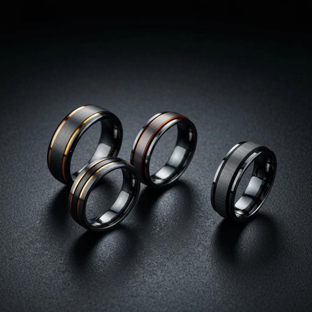 Display of alternative engagement rings made from tungsten carbide, titanium, and cobalt chrome