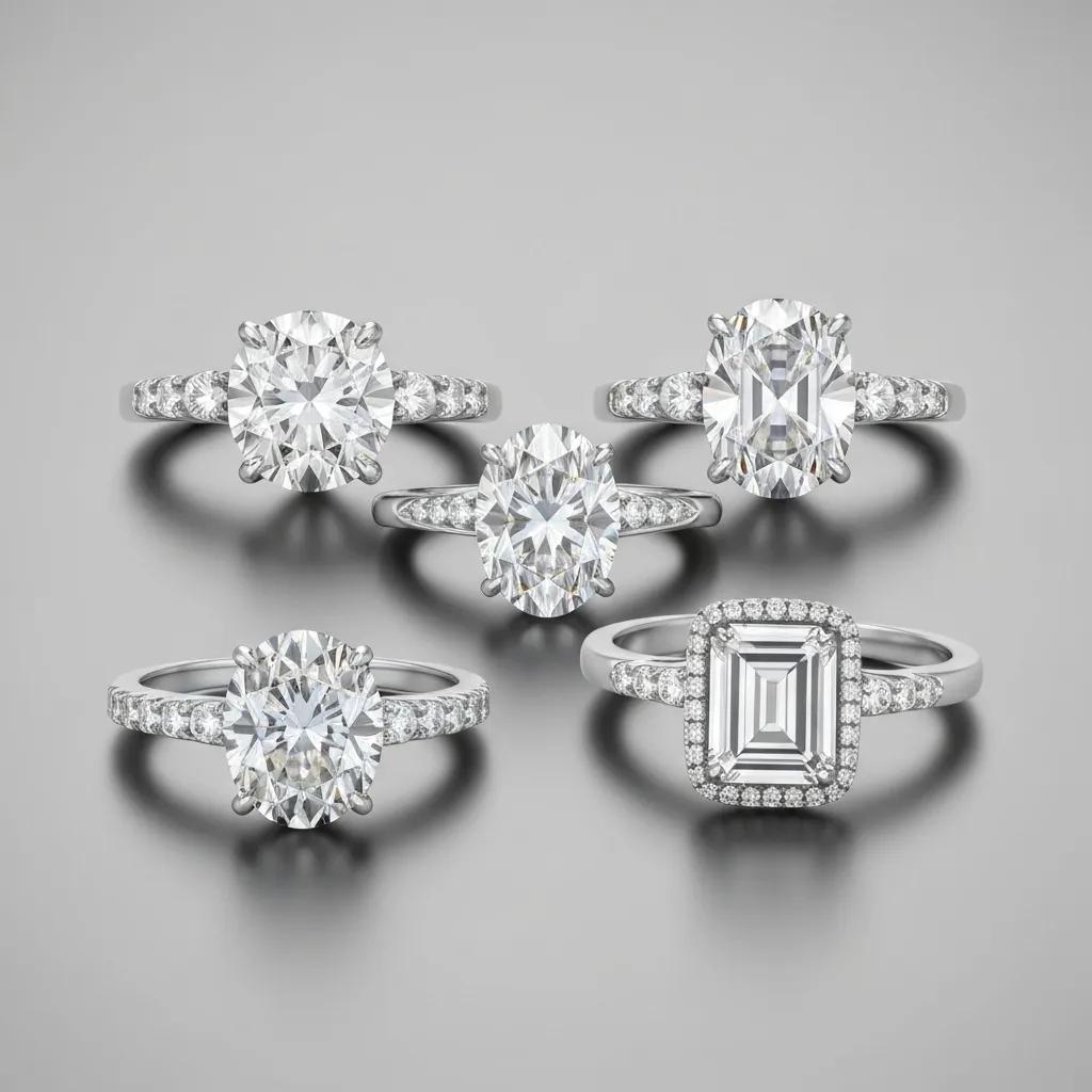 Engagement rings with various diamond shapes and their ideal settings, highlighting the beauty of each combination