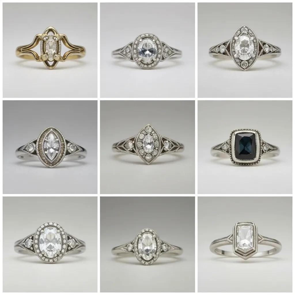 Collage of vintage engagement rings from Victorian, Edwardian, and Art Deco eras showcasing unique designs