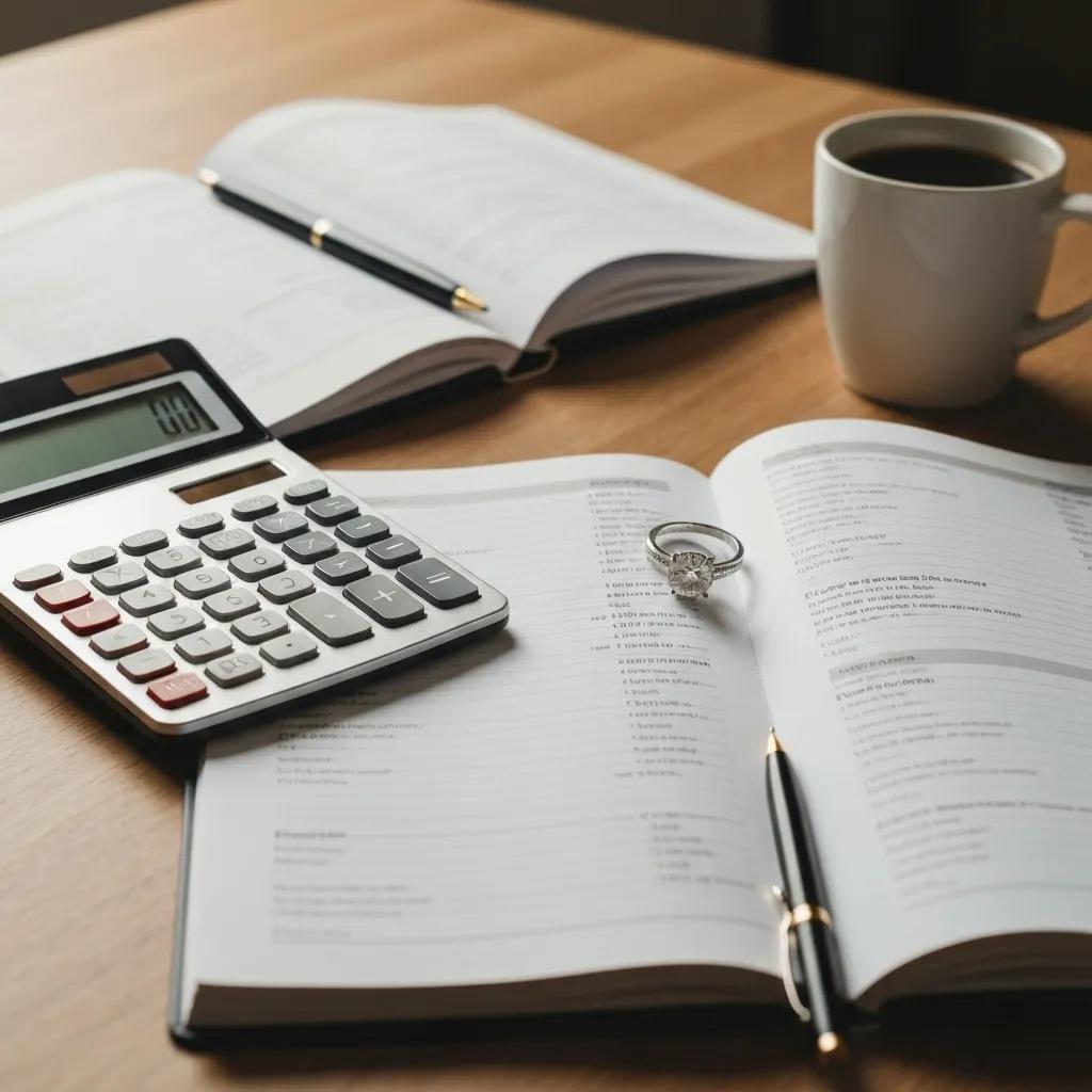 Budget planner and engagement ring on a table, symbolizing smart budgeting strategies for ring shopping